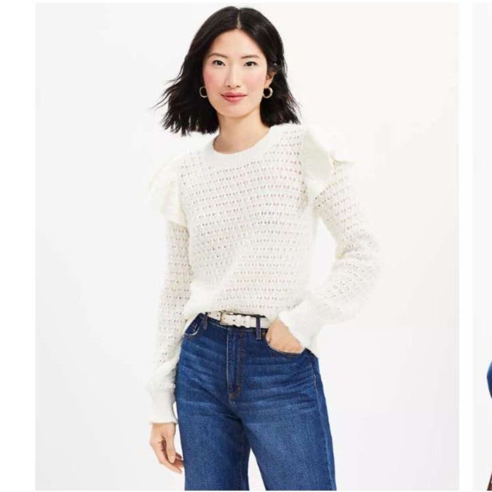 Loft | Shoulder Ruffle Sweater in Cream | Large